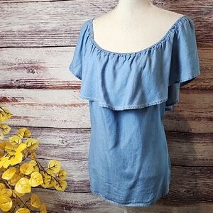 AMERICAN RAG BLUE DENIM SLEEVELESS OFF SHOULDER RUFFLE TOPPED PULLOVER TOP